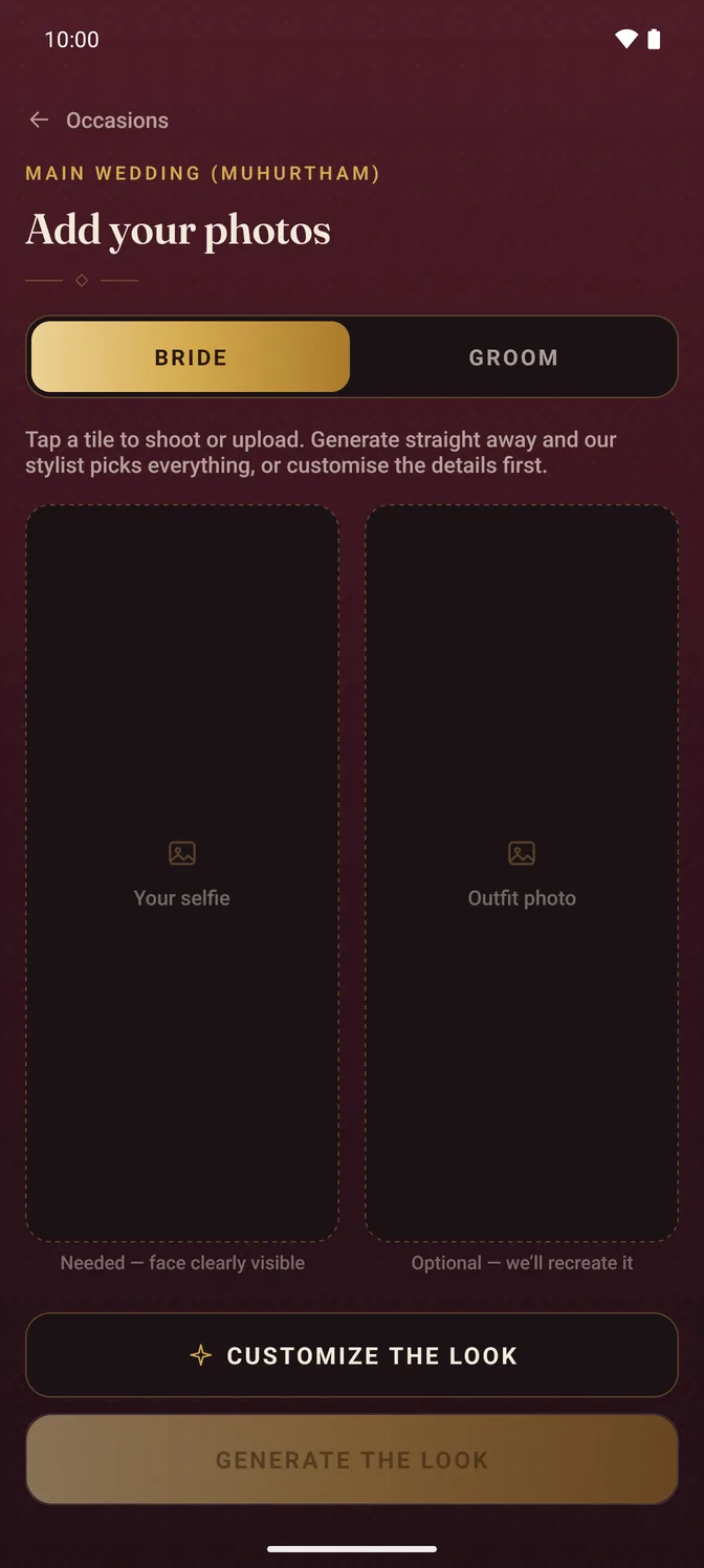 DreamDay Looks app screen — Add your selfie